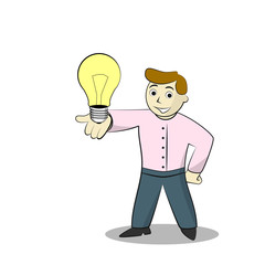 Businessman With Light Bulb. Cartoon illustration of Idea, isolated on white