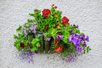 Basket of flowers at the wall in UK.