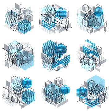 Vector backgrounds with abstract isometric lines and figures. Te