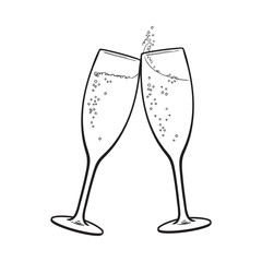 Pair of champagne glasses, set of sketch style vector illustration isolated on white background. Hand drawn glasses with bubbly champagne, cheers, holiday toast