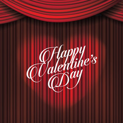 Happy Valentines Day written in a heart-shaped light on dramatic red curtains. Greeting card for your Valentine. Message of love for February 14th. EPS 10 vector.