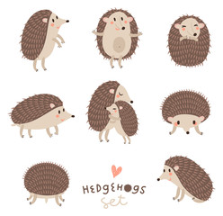 Vector set of cute hedgehogs.