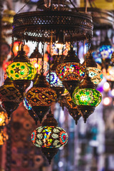 Amazing traditional handmade turkish lamps in souvenir shop. Mos