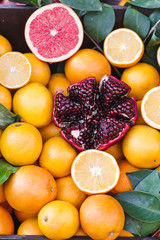 Mix tropic citrus fruits background.Fresh fruits close up.Health