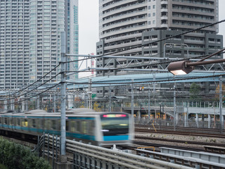 Speed motion train in japan in downtown TOKYO JAPAN