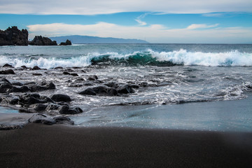 Playa la Arena black volcanic sand beach, Tenerife, Canary islands, Spain