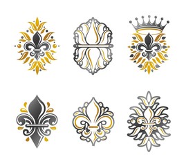 Lily Flowers Royal symbols, floral and crowns,  emblems set. Her
