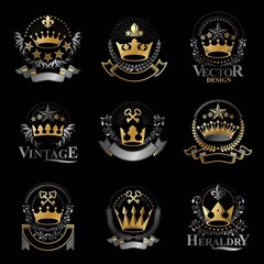 Majestic Crowns emblems set. Heraldic Coat of Arms decorative lo