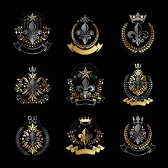 Lily Flowers Royal symbols emblems set. Heraldic Coat of Arms de