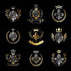 Royal symbols Lily Flowers emblems set. Heraldic vector design e