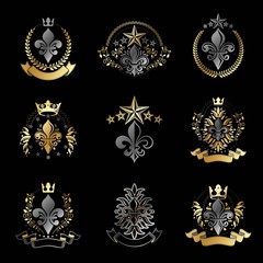 Royal symbols Lily Flowers emblems set. Heraldic vector design e