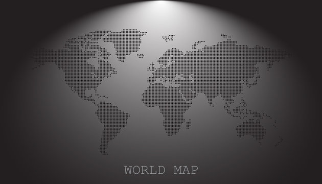 Dotted blank black world map isolated on grey background. World map vector template for website, infographics, design. Flat earth world map with round dots illustration.