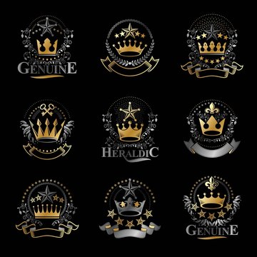Majestic Crowns emblems set. Heraldic Coat of Arms decorative lo