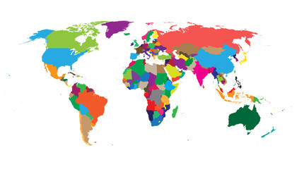 Fototapeta premium Pusta kolorowa polityczna światowa mapa odizolowywająca na białym tle. Szablon wektor mapa świata na stronie internetowej, infografiki, projekt. Płaska mapa świata ziemi ilustracja.
