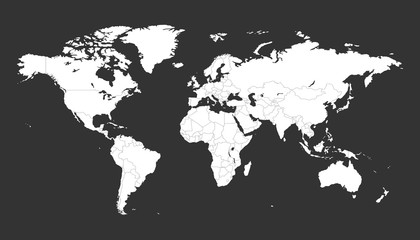 Fototapeta premium Blank white political world map isolated on black background. Worldmap Vector template for website, infographics, design. Flat earth world map illustration.