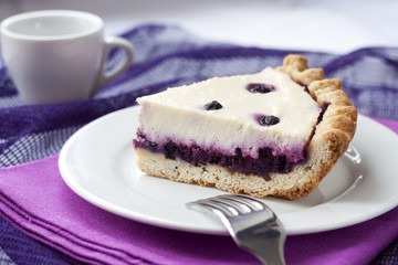 Piece of cheesecake with blueberries on a plate