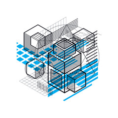 Isometric abstraction with lines and different elements, vector