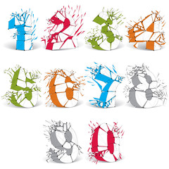 Set of 3d vector colorful wireframe numbers broken into differen