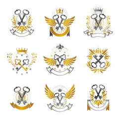 Old Turnkey Keys emblems set. Heraldic vector design elements co