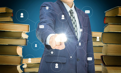 Businessman push button web upload cloud sign