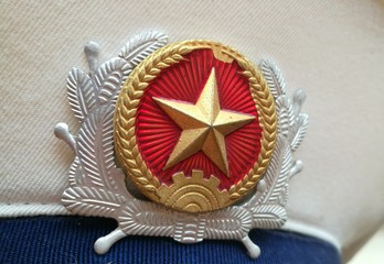 Close up of Vietnam navy hat of a Vietnamese marine uniform cruise, clothing, hood, seaman, grade, remainder, nautical, attribute, hat, deck, liner, anchor, sailor, embroidery, navy, cap, star, milita