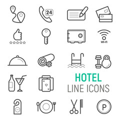 Hotel icons set. Vector flat line illustrations.