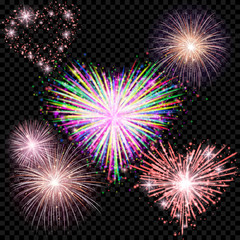 set of isolated vector fireworks on a transparent background.