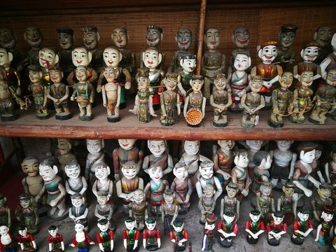 The Vietnamese traditional water puppets of the theater in Hanoi Vietnam. Each puppet represents one character in the normal life in the past