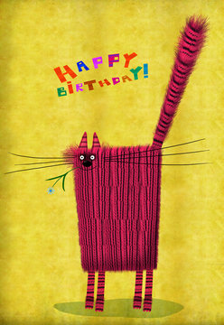 Birthday Card Square Cat With Flower In Mouth