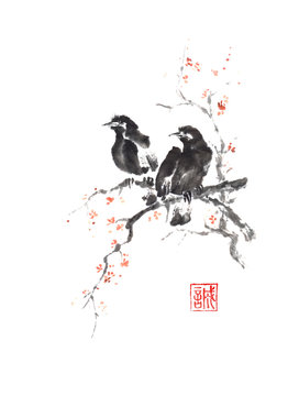 Japanese style sumi-e two crows on blooming tree painting.