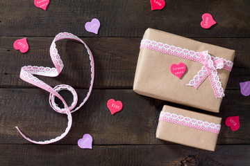Background Valentine's Day. Valentine's Day gifts with a pink ri