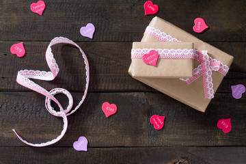 Background Valentine's Day. Valentine's Day gifts with a pink ri