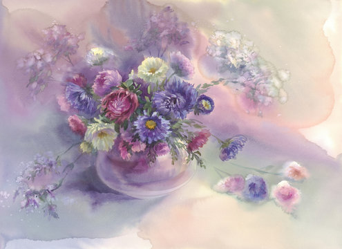 violet asters watercolor still-life