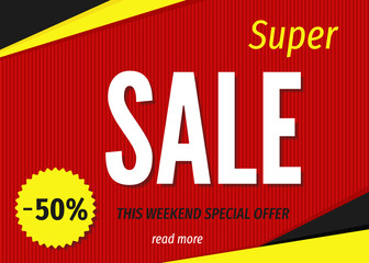 Modern geometric super sale banner template on red background.