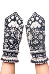 knitted woolen mittens handmade with pattern cat paws