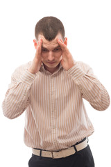 Naklejka premium horrified man thinking, portrait on a white background