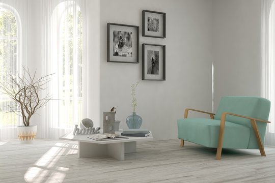 White interior design with modern furniture