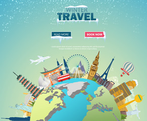 Winter travel. Travel to World. Vacation. Road trip. Tourism. Open suitcase with landmarks. Journey. Travelling illustration. Merry Christmas banners in flat style. EPS 10. Colorful.