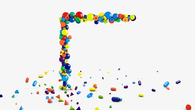 Motion graphics, animated square frame background on white, scattering and falling on floor geometric objects