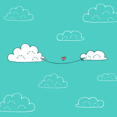 Valentines day greeting card with two clouds in love, heart and rope. Vector hand drawn illustration in minimalistic style, made with ink outlines