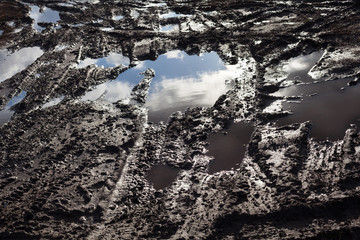 Mud and puddles on the dirt road