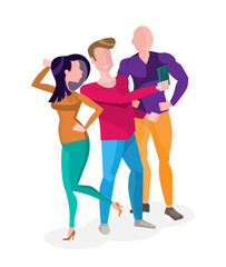 Three People Doing Selfie. Vector Isolated Illustration on White Background.