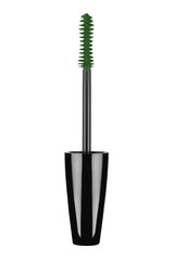 Cosmetic green brush mascara long eyelashes, beauty product isolated on white background
