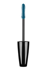 Cosmetic blue brush mascara long eyelashes, beauty product isolated on white background