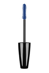 Cosmetic blue brush mascara long eyelashes, beauty product isolated on white background