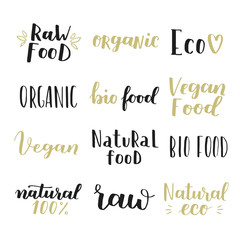 Labels with vegetarian and raw food diet designs. Organic food tags and elements set for meal and drink, cafe, restaurants and organic products packaging. Vector illustrated bio detox logo.