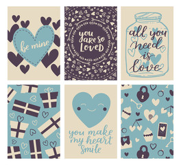 Fototapeta na wymiar Vector set of Valentines Day greeting poster. Cute blue-beige colors for your invitation design. Card collection with hand drawn elements and romantic brush lettering.