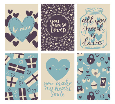 Vector set of Valentines Day greeting poster. Cute blue-beige colors for your invitation design. Card collection with hand drawn elements and romantic brush lettering.
