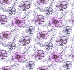 Seamless Pattern of Watercolor Light Violet Flowers