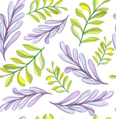 Fototapeta na wymiar Watercolor Light Violet And Green Leaves Seamless Pattern